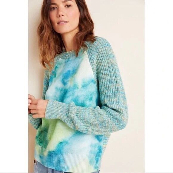 NEW Anthropologie Cloth and Stone Raglan Blue Watercolor Tie-Dye Sweater X-Small - Picture 2 of 5